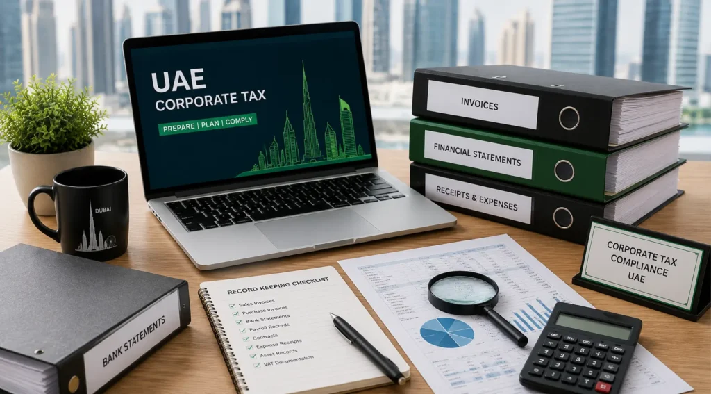 UAE Corporate Tax Record Keeping with financial documents and accounting records